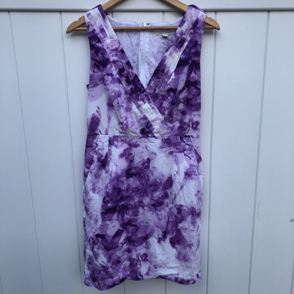 Banana Republic Dress Purple Pink Pleated Pockets V-Neck Cotton Sleeveless 8